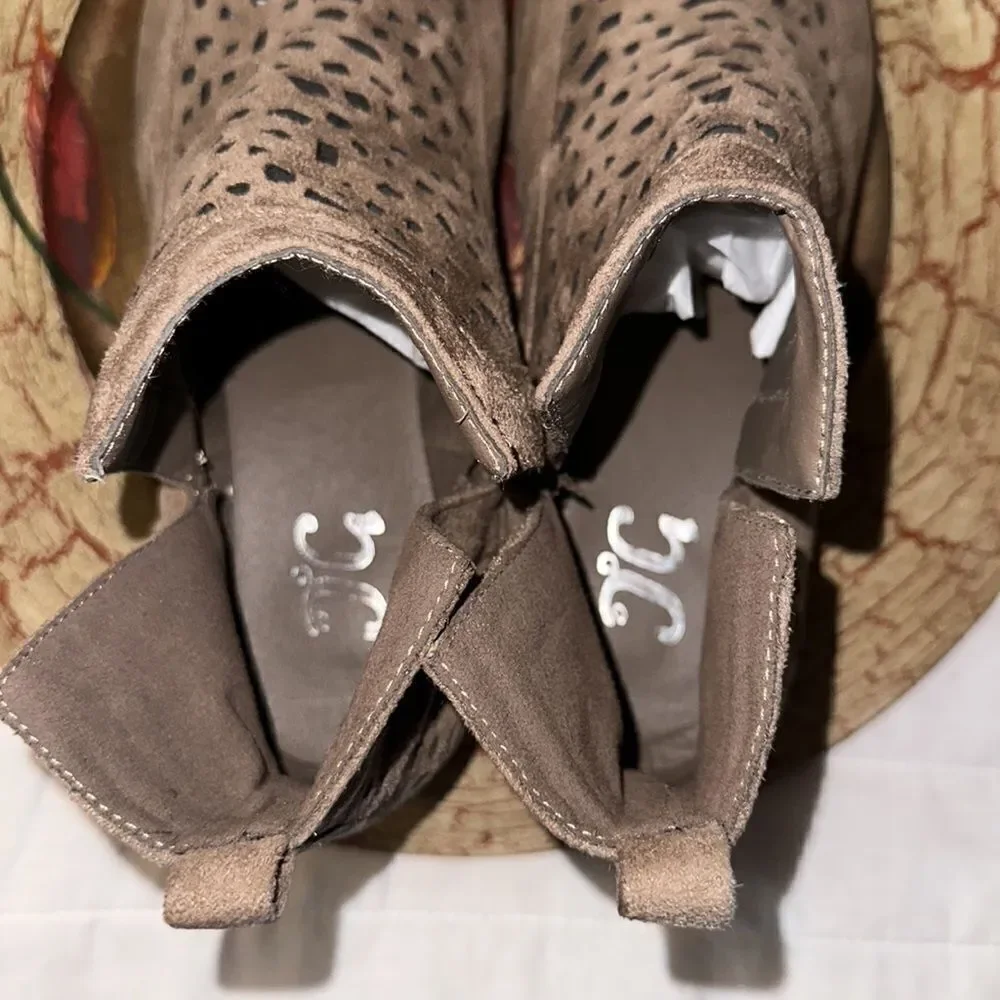 CG 9 Tan Faux Suede Laser Cut V Cut Ankle Booties